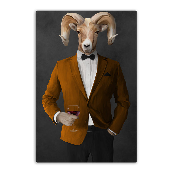 Ram Drinking Red Wine Wall Art - Orange and Black Suit