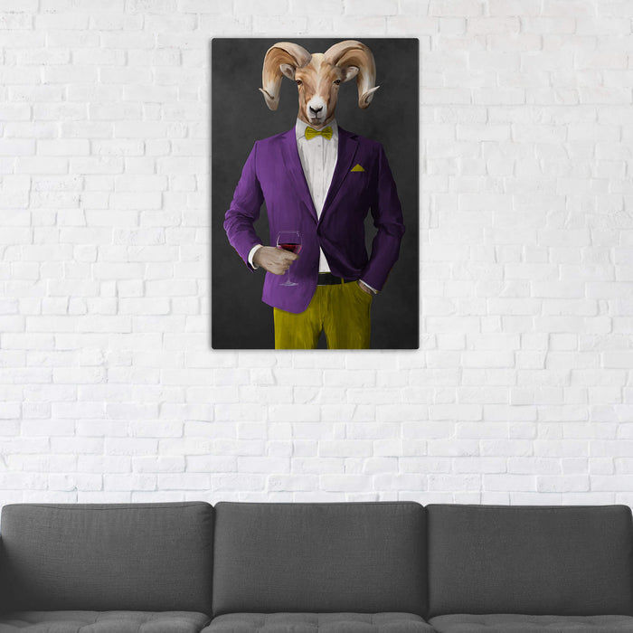 Ram Drinking Red Wine Wall Art - Purple and Yellow Suit