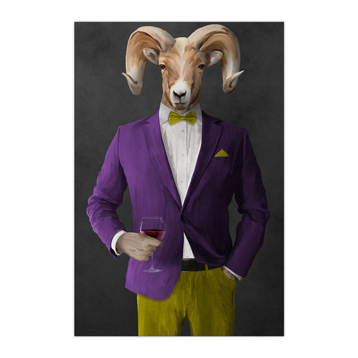 Ram Drinking Red Wine Wall Art - Purple and Yellow Suit