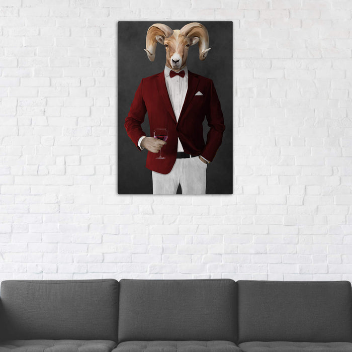 Ram Drinking Red Wine Wall Art - Red and White Suit