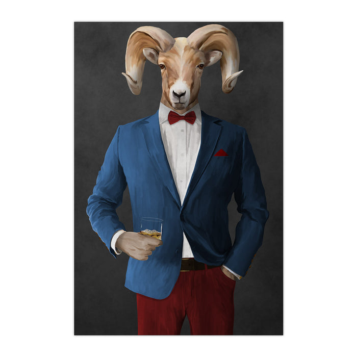 Ram Drinking Whiskey Wall Art - Blue and Red Suit