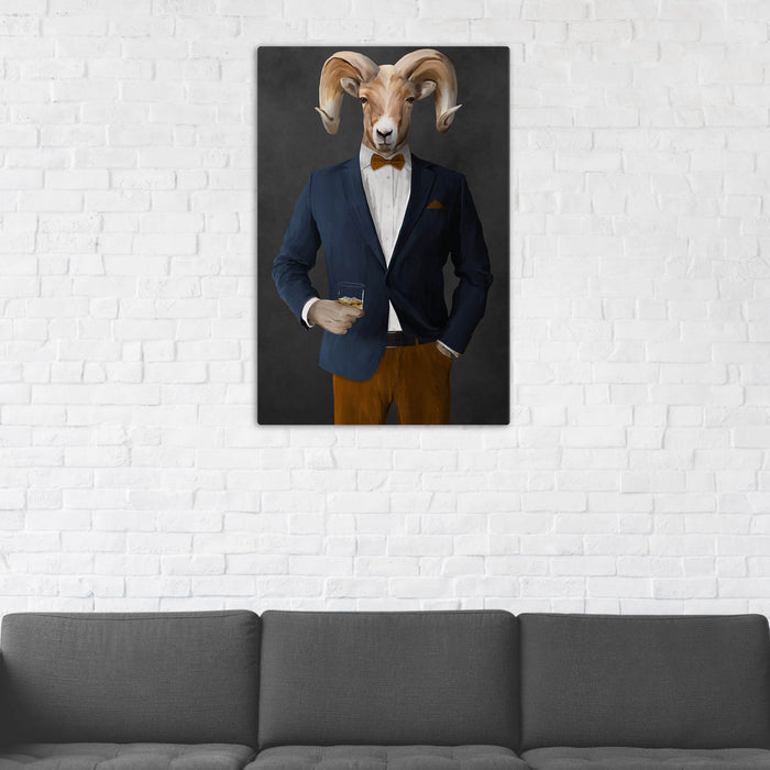 Ram Drinking Whiskey Wall Art - Navy and Orange Suit