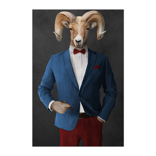 Ram Smoking Cigar Wall Art - Blue and Red Suit