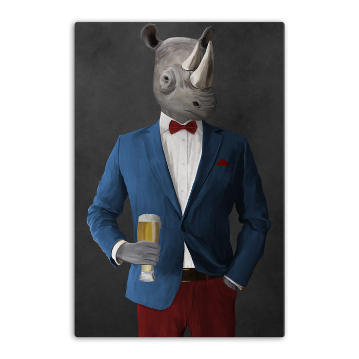 Rhinoceros Drinking Beer Wall Art - Blue and Red Suit