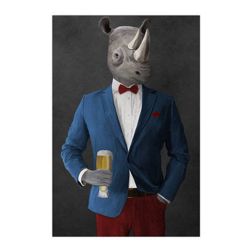 Rhinoceros Drinking Beer Wall Art - Blue and Red Suit