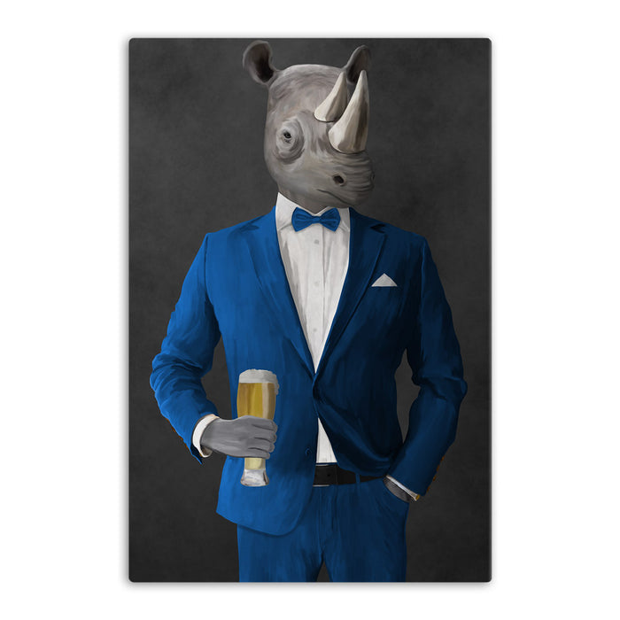 Rhinoceros Drinking Beer Wall Art - Blue Suit