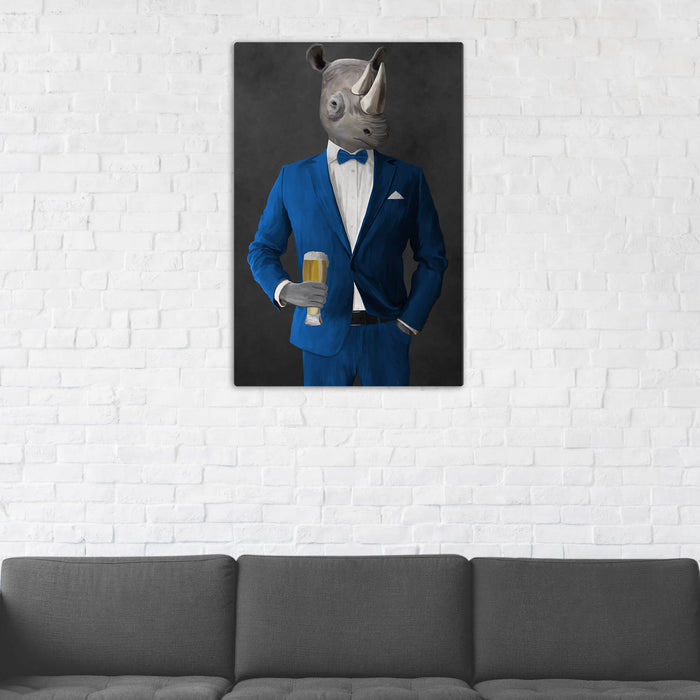 Rhinoceros Drinking Beer Wall Art - Blue Suit