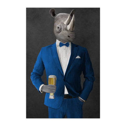 Rhinoceros Drinking Beer Wall Art - Blue Suit