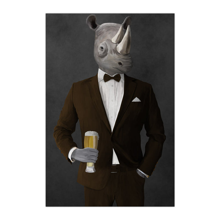 Rhinoceros Drinking Beer Wall Art - Brown Suit