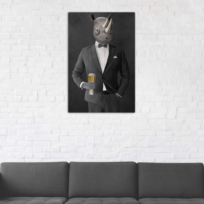 Rhinoceros Drinking Beer Wall Art - Gray Suit