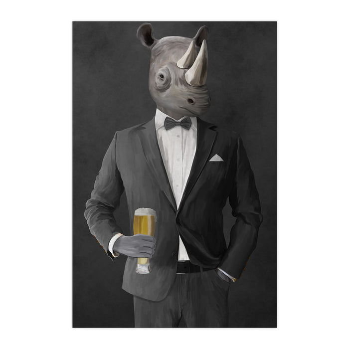 Rhinoceros Drinking Beer Wall Art - Gray Suit