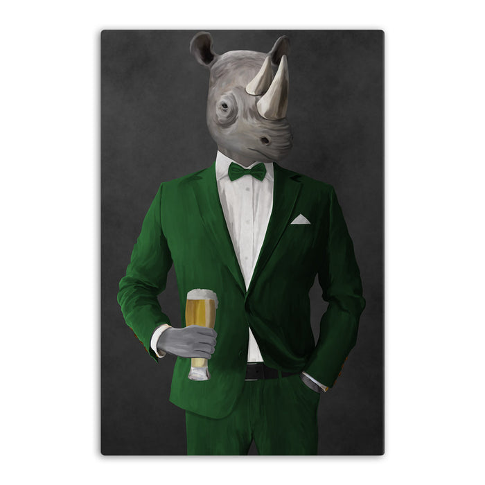 Rhinoceros Drinking Beer Wall Art - Green Suit