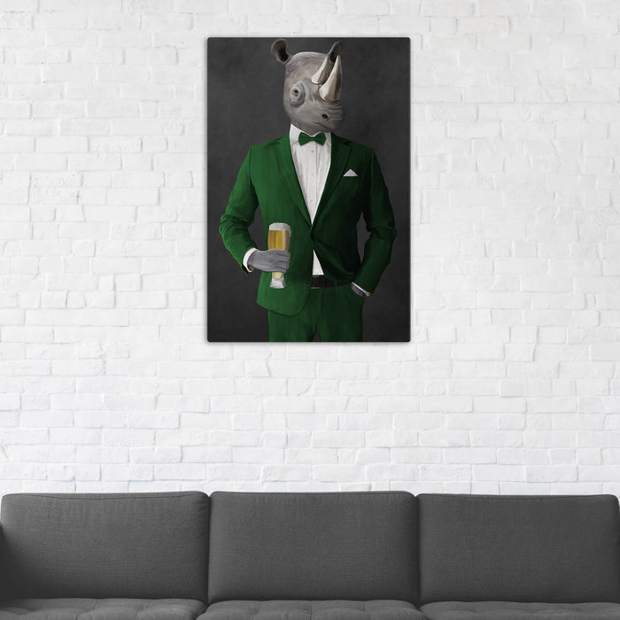 Rhinoceros Drinking Beer Wall Art - Green Suit