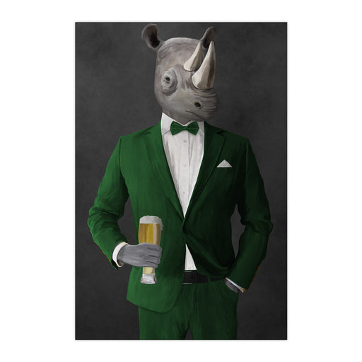 Rhinoceros Drinking Beer Wall Art - Green Suit