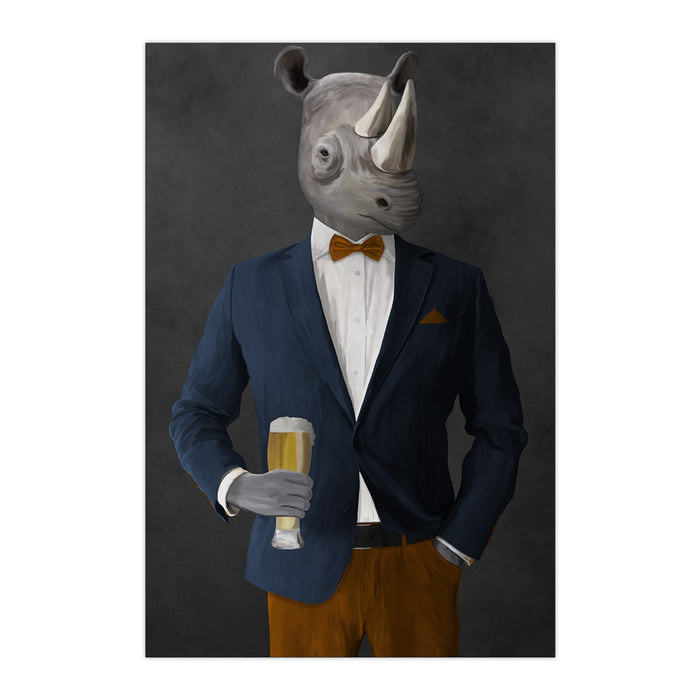 Rhinoceros Drinking Beer Wall Art - Navy and Orange Suit