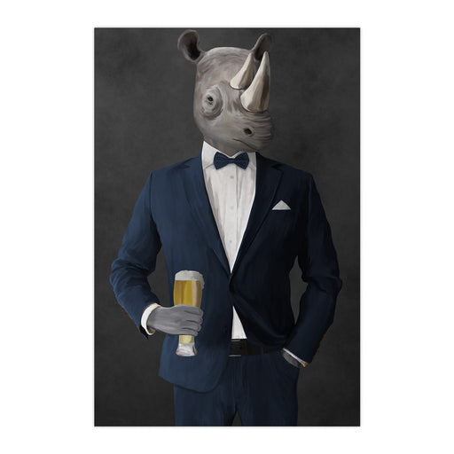 Rhinoceros Drinking Beer Wall Art - Navy Suit