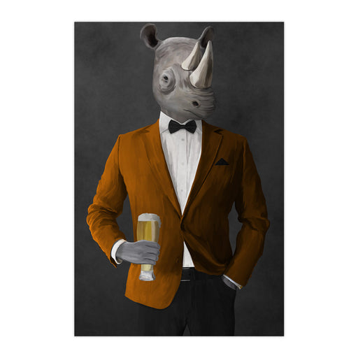 Rhinoceros Drinking Beer Wall Art - Orange and Black Suit