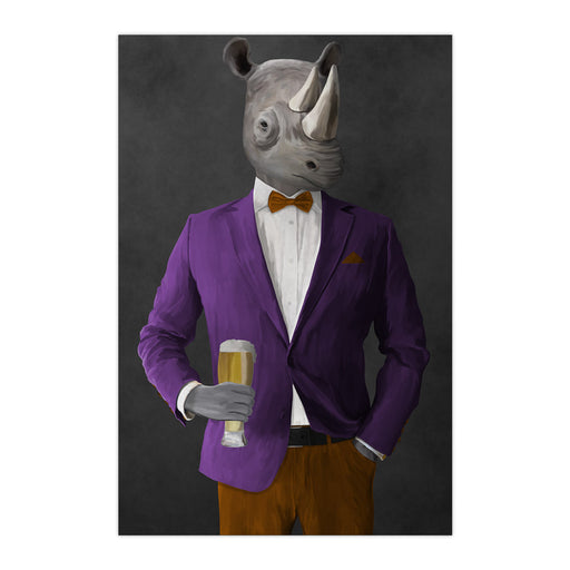 Rhinoceros Drinking Beer Wall Art - Purple and Orange Suit