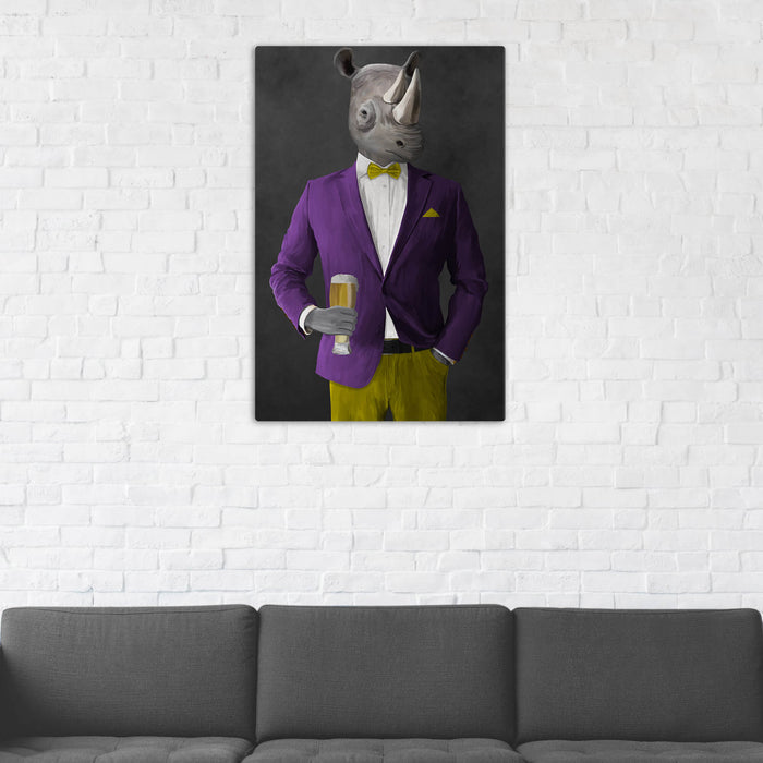 Rhinoceros Drinking Beer Wall Art - Purple and Yellow Suit