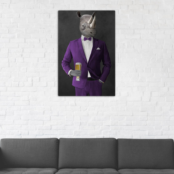 Rhinoceros Drinking Beer Wall Art - Purple Suit
