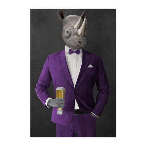 Rhinoceros Drinking Beer Wall Art - Purple Suit