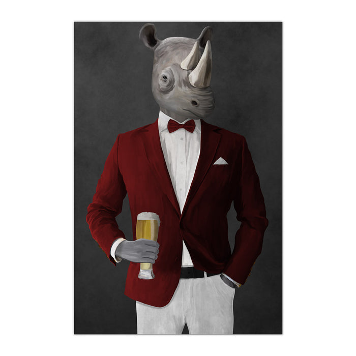 Rhinoceros Drinking Beer Wall Art - Red and White Suit