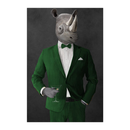 Rhinoceros Drinking Martini Wall Art - Green Suit