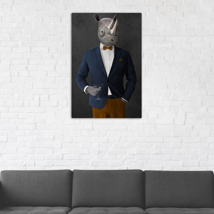 Rhinoceros Drinking Martini Wall Art - Navy and Orange Suit