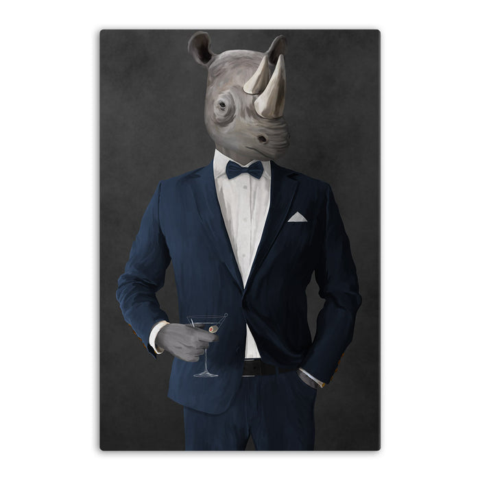 Rhinoceros Drinking Martini Wall Art - Navy Suit