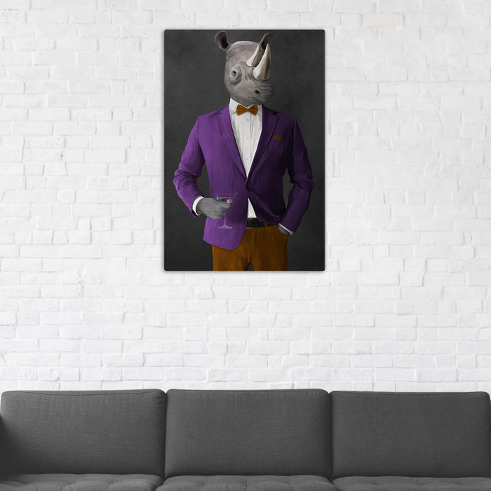 Rhinoceros Drinking Martini Wall Art - Purple and Orange Suit