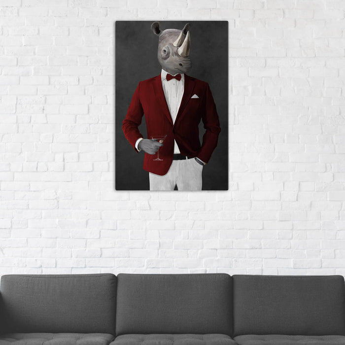 Rhinoceros Drinking Martini Wall Art - Red and White Suit