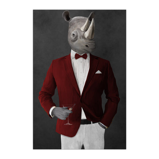 Rhinoceros Drinking Martini Wall Art - Red and White Suit