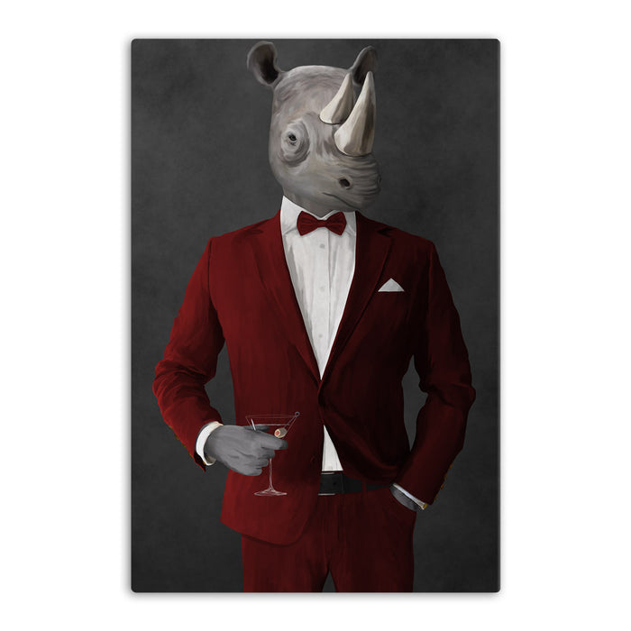 Rhinoceros Drinking Martini Wall Art - Red Suit
