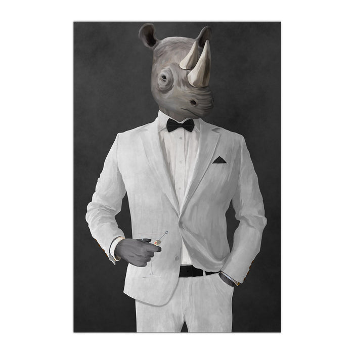 Rhinoceros Drinking Martini Wall Art - White Suit