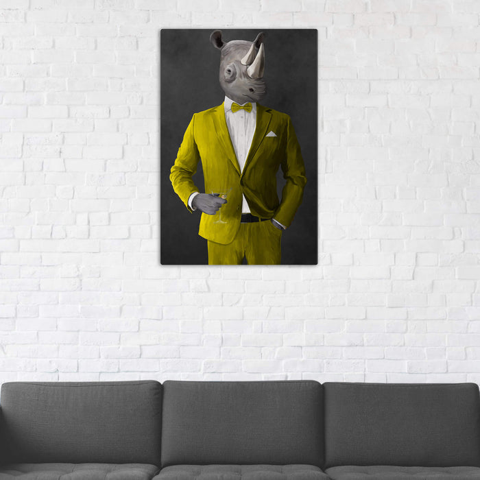 Rhinoceros Drinking Martini Wall Art - Yellow Suit