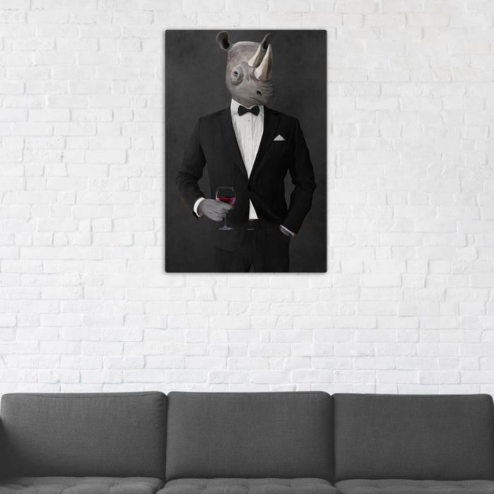 Rhinoceros Drinking Red Wine Wall Art - Black Suit