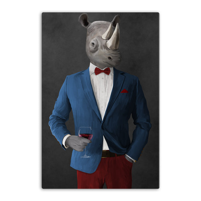 Rhinoceros Drinking Red Wine Wall Art - Blue and Red Suit