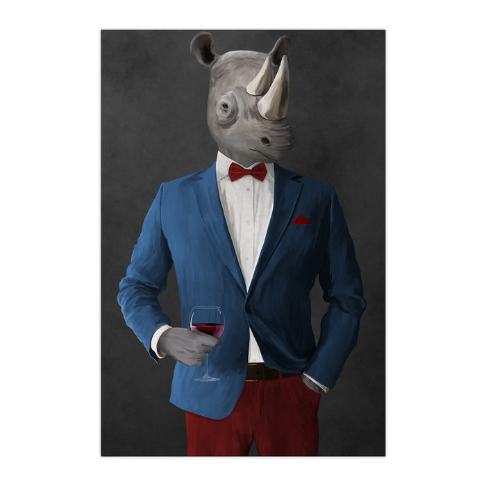 Rhinoceros Drinking Red Wine Wall Art - Blue and Red Suit