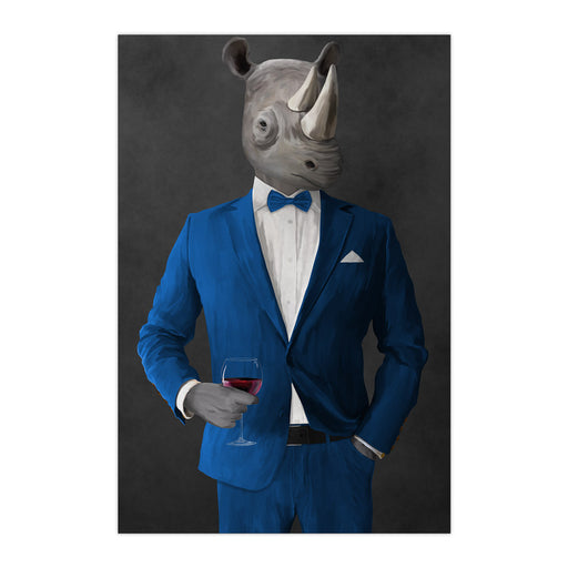 Rhinoceros Drinking Red Wine Wall Art - Blue Suit