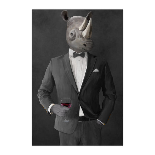 Rhinoceros Drinking Red Wine Wall Art - Gray Suit