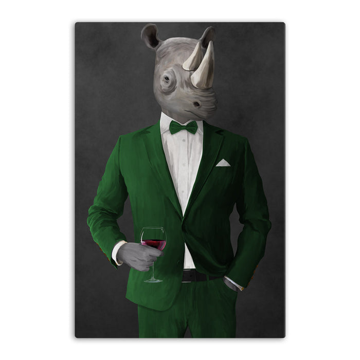 Rhinoceros Drinking Red Wine Wall Art - Green Suit