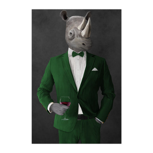 Rhinoceros Drinking Red Wine Wall Art - Green Suit