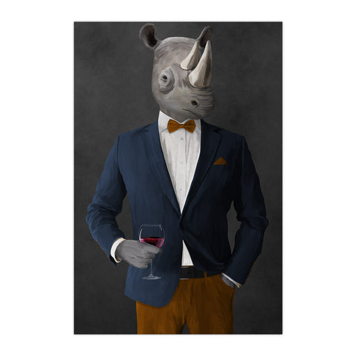 Rhinoceros Drinking Red Wine Wall Art - Navy and Orange Suit