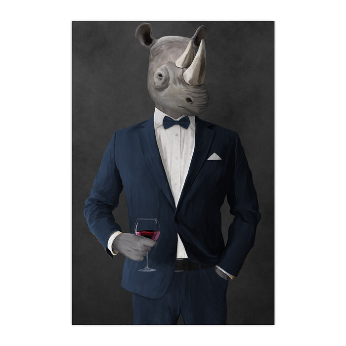 Rhinoceros Drinking Red Wine Wall Art - Navy Suit
