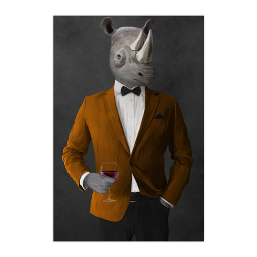 Rhinoceros Drinking Red Wine Wall Art - Orange and Black Suit