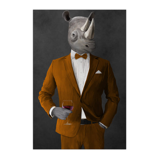 Rhinoceros Drinking Red Wine Wall Art - Orange Suit