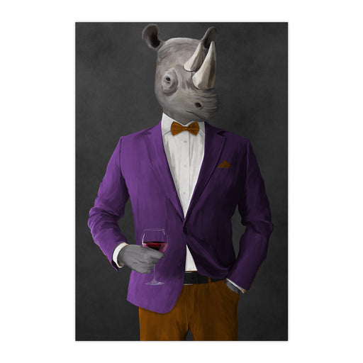 Rhinoceros Drinking Red Wine Wall Art - Purple and Orange Suit