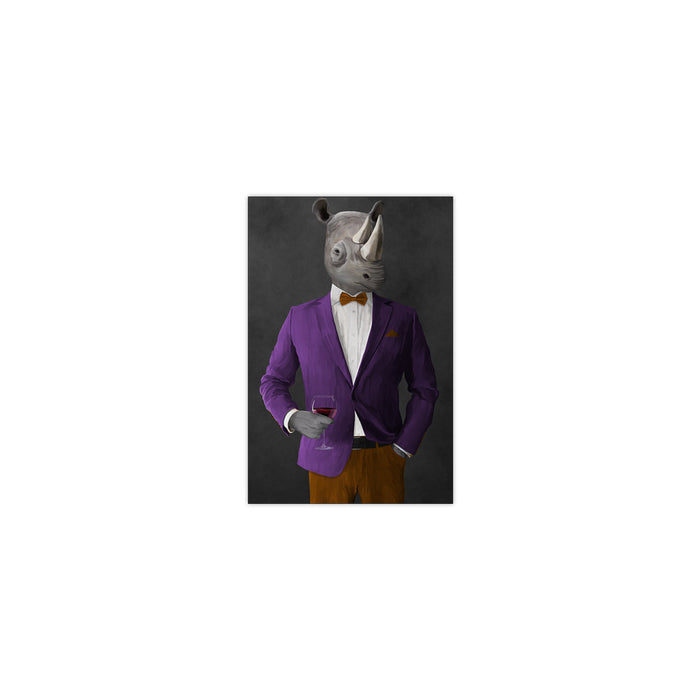 Rhinoceros Drinking Red Wine Wall Art - Purple and Orange Suit