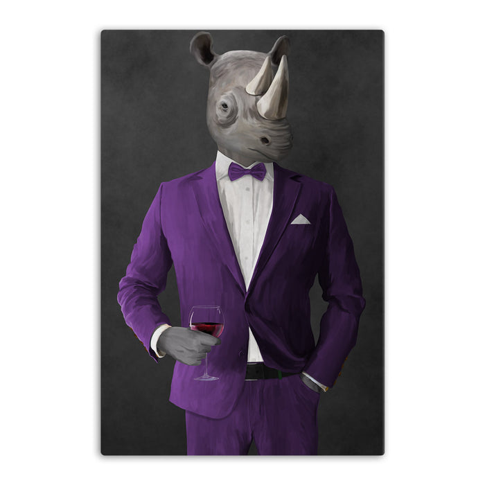 Rhinoceros Drinking Red Wine Wall Art - Purple Suit
