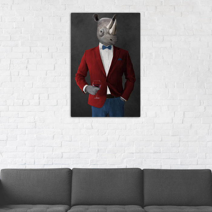 Rhinoceros Drinking Red Wine Wall Art - Red and Blue Suit